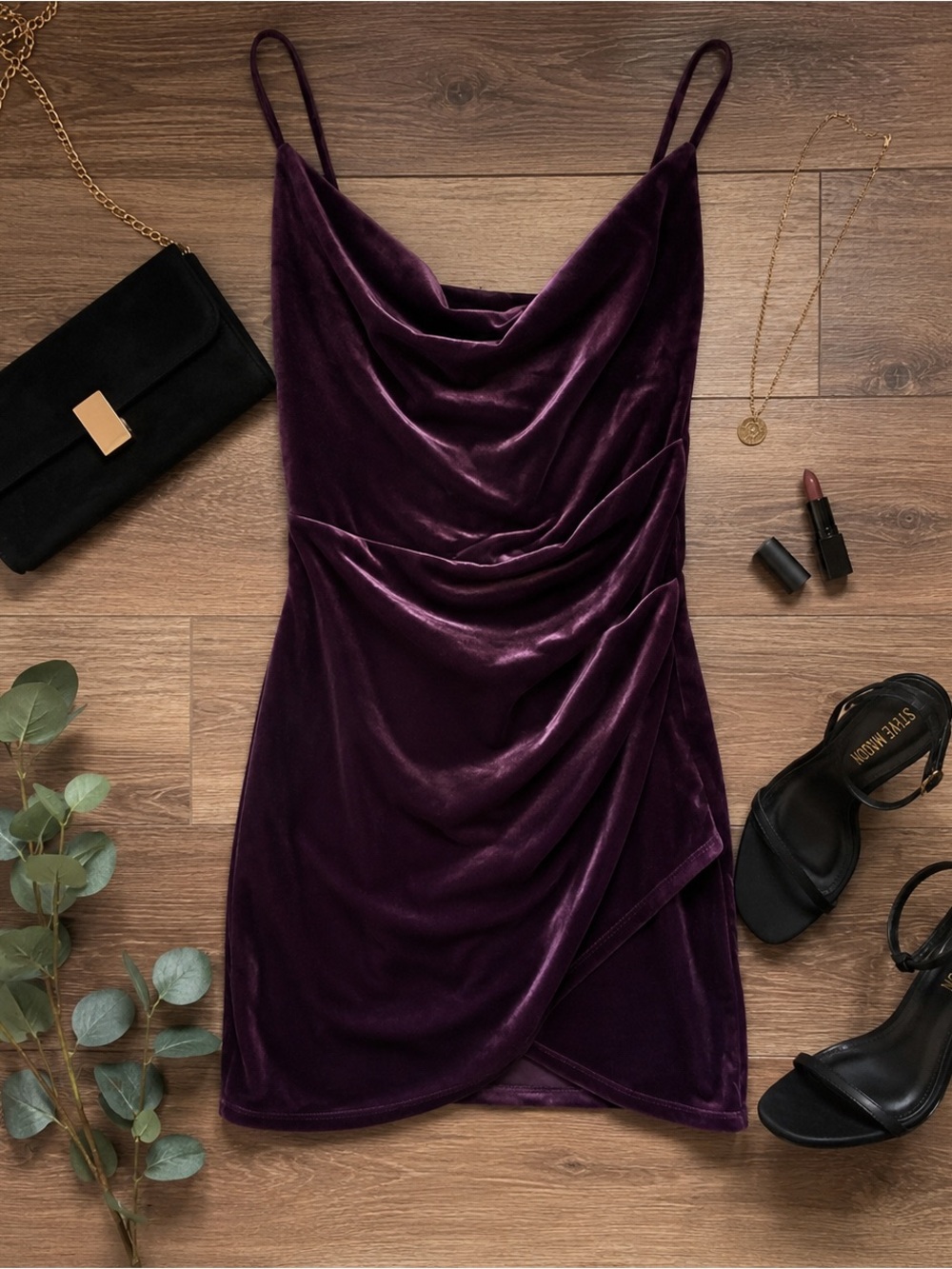 Windsor Velvet Mini Dress Small Plum Purple Cowl Neck Draped Bodycon Party Dress